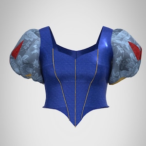 Puede incluir: Un corpi&ntilde;o azul con escote en punta y ribetes dorados. El corpi&ntilde;o tiene una forma ajustada y est&aacute; adornado con mangas de estampado floral.