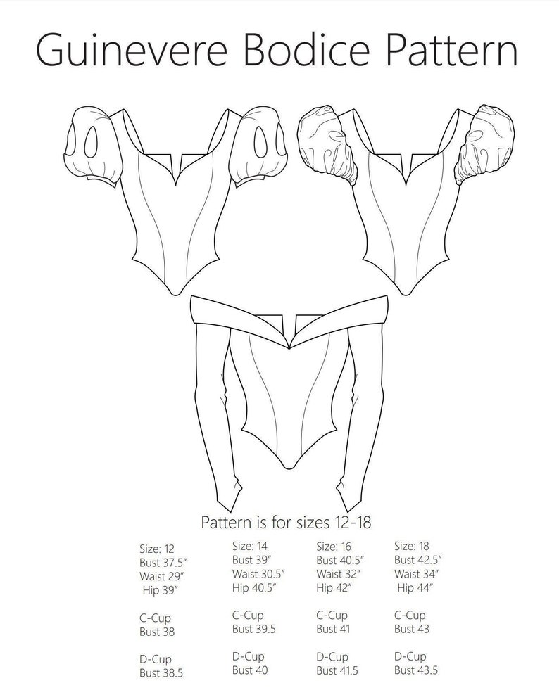 Puede incluir: Un dibujo en blanco y negro de un patr&oacute;n de corpi&ntilde;o para las tallas 12-18. El patr&oacute;n incluye medidas para el busto, la cintura y la cadera, as&iacute; como las tallas de copa.