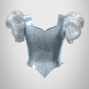 Puede incluir: Un cors&eacute; azul claro con un patr&oacute;n floral y mangas abullonadas. El cors&eacute; tiene un escote de coraz&oacute;n y una parte inferior puntiaguda.