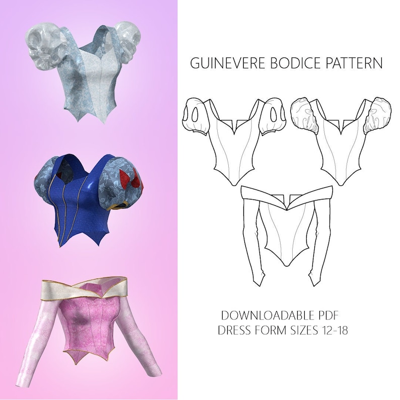 Puede incluir: Una ilustraci&oacute;n digital de un patr&oacute;n de corpi&ntilde;o para un vestido. El patr&oacute;n es para un vestido con un escote de coraz&oacute;n y mangas abullonadas. El texto "GUINEVERE BODICE PATTERN" est&aacute; en la parte superior de la imagen. El texto "DOWNLOADABLE PDF DRESS FORM SIZES 12-18" est&aacute; en la parte inferior de la imagen.