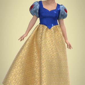 May include: A woman wearing a blue and white dress with a gold skirt. The dress has a sweetheart neckline and puffed sleeves. The skirt is adorned with a floral pattern.