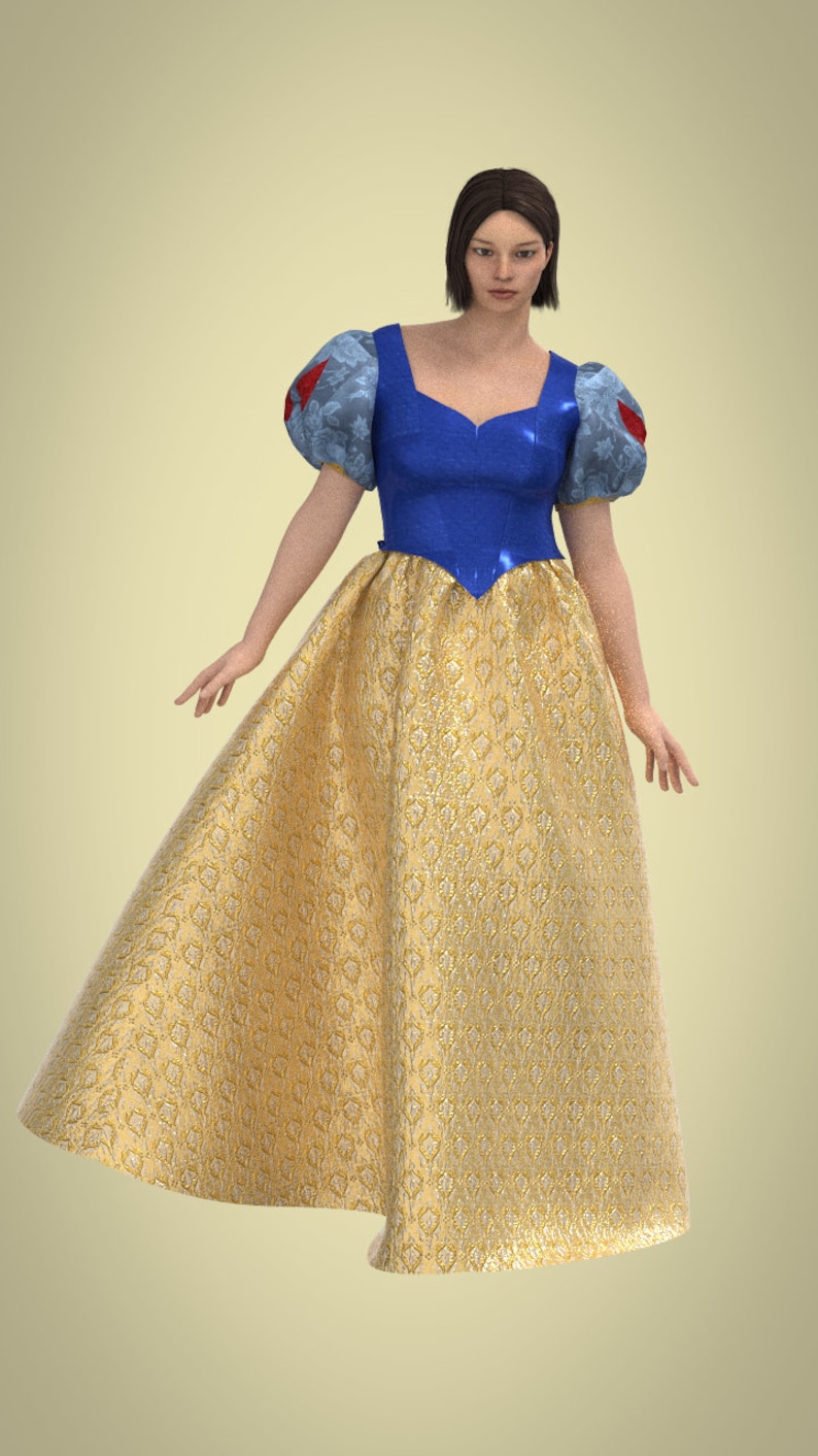 May include: A woman wearing a blue and white dress with a gold skirt. The dress has a sweetheart neckline and puffed sleeves. The skirt is adorned with a floral pattern.