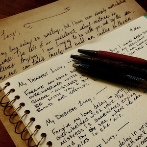 May include: A spiral-bound notebook with handwritten text and three pens. The notebook pages have lines and are filled with cursive writing. The pens are black and brown. The paper has a vintage, aged appearance.