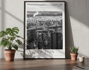 Impresión del puente de Queensboro: horizonte de Nueva York, arquitectura de Manhattan en blanco y negro