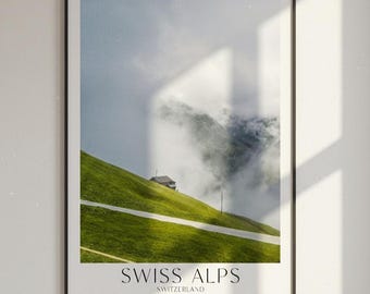 Lámina de arte mural de los Alpes suizos: póster de montaña suiza, fotografía de paisaje brumoso, decoración de naturaleza alpina