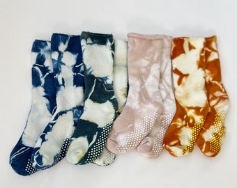 Tie Dyed Kids Tread Socks- Sizes 1-10 years- Naturally Tie Dyed- Cotton- Blue, Pink, Yellow- Casual- Earth Dyed Goods