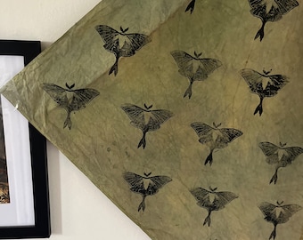 Green Luna Moth Bandana- dyed with indigo and Osage orange bark. Women’s gifts, boho gift, art gift, bandana, natural dye