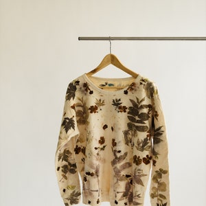 Eco-Printed Sweater with leaves, flowers, and herbs-Tie Dye, Natural Dye, gift, eco friendly, women’s fashion, naturally dyed sweatshirt