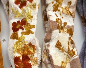 adult eco printed socks- eco print, naturally dyed, hand dyed, botanical socks, eco printed socks, floral socks
