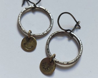 CELESTIAL • silver earrings with sun and moon brass coins