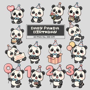 Paquete de imágenes prediseñadas de cumpleaños de bebé panda, imágenes prediseñadas de panda, números de niño y niña para baby shower, gráficos PNG