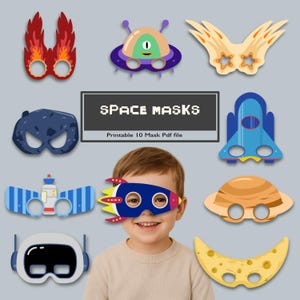 Puede incluir: Una colección de máscaras coloridas con temática espacial, que incluyen diseños de cohetes, extraterrestres y planetas. La imagen también presenta a un niño con una máscara de cohete. El texto en la imagen dice "SPACE MASKS" y "Printable 10 Mask Pdf file".