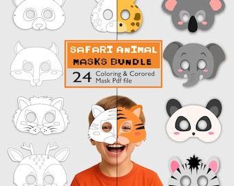 Safari Tiermasken Bundle, druckbare Dschungel Party Masken für Kinder (PDF-Download