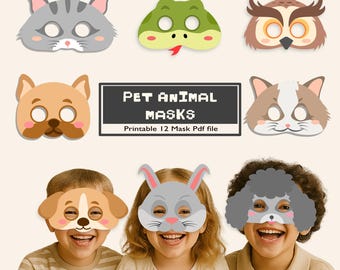 Printable Pet Animal Masks | 12 Kids Birthday Party Favor | Dog Cat Rabbit PDF Instant Download