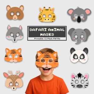 サファリ動物マスク（印刷可能）、子供用ジャングルテーマのPDFパーティーマスク12枚、印刷可能なフェイスマスク、動物マスク