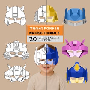 Peut inclure: Un ensemble de masques Transformers aux couleurs et designs variés, dont le bleu, le jaune et le rose. L'image comprend un enfant portant un masque à moitié coloré. Le texte sur l'image indique "Transformer Masks Bundle" et "20 Coloring & Colored Mask Pdf file."