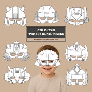 Puede incluir: Una colección de máscaras de Transformers en blanco y negro para colorear, con un niño que lleva una puesta. Las máscaras tienen varios diseños, y la imagen incluye el texto "COLORING TRANSFORMER MASKS" y "Printable 10 Mask Pdf file".