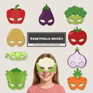 Peut inclure: Masques de légumes colorés, dont un poivron rouge, une aubergine, un brocoli, une pomme de terre, une tomate, des cosses de pois, un chou-fleur, une laitue, un oignon et une carotte. Le texte "VEGETABLE MASKS" et "Printable 12 Mask Pdf file" sont également visibles.
