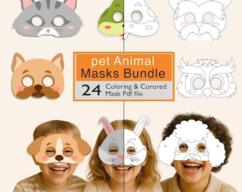 Pet Animal Masks Bundle | 24 Printable Coloring & Colored Masks PDF | Craft for Kids