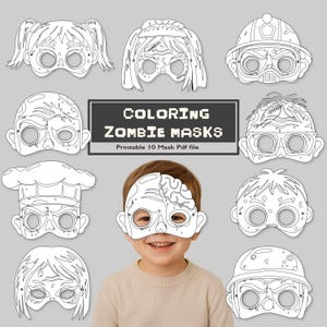 Op de afbeelding: Een verzameling van tien afdrukbare zwart-wit zombiemaskers om in te kleuren. De maskers hebben verschillende zombie-ontwerpen, waaronder een kok, een bouwvakker en een meisje met staartjes. De tekst "COLORING ZOMBIE MASKS" wordt weergegeven.