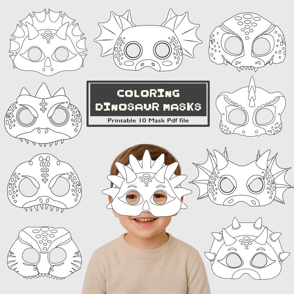 Coloring Dinosaur Masks, 10 Dinosaur Costume for Kids Craft & Party Activity, PDF Digital Download
