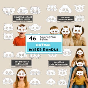 May include: A selection of printable animal masks for colouring, including safari, pet, sea, and farm animals. The image shows children wearing the masks and text that reads "ANIMAL MASKS BUNDLE" and "46 Coloring Mask Pdf file".