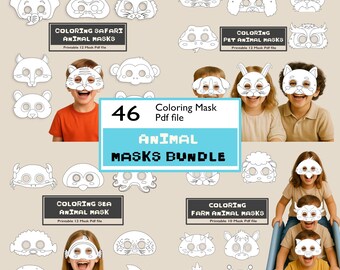 Paquete de máscaras de animales para colorear: 46 máscaras de animales imprimibles en PDF para niños