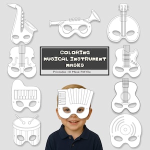 May include: A collection of printable musical instrument masks for coloring, including a saxophone, trumpet, violin, piano, drum, and guitars. The masks are white with black outlines. A child is wearing an accordion mask.