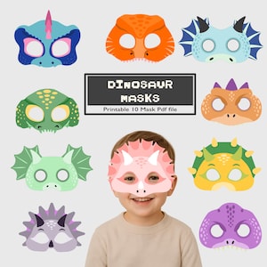 May include: A collection of colorful dinosaur masks, including a child wearing a pink triceratops mask. The masks are in various colors and designs, with the text "DINOSAUR MASKS" and "Printable 10 Mask Pdf file".