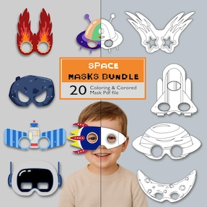 May include: A selection of space-themed masks, featuring rockets, planets, and alien designs. The masks are presented in various colours and styles, with some ready for colouring. The image includes the text "SPACE MASKS BUNDLE" and "20 Coloring & Corored Mask Pdf file".