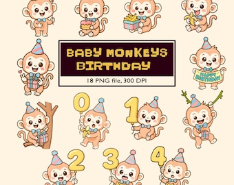 Paquete de imágenes prediseñadas de monos bebés para cumpleaños: Gráficos PNG (Descarga digital)