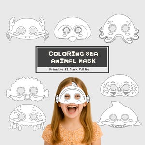 Meerestiere Färbung Masken, 12 Ozean-Themen DIY Maske Vorlagen, PDF Digitaler Download für Unterwasser-Party oder Vorschul Handwerk