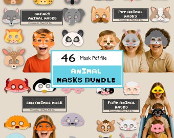 Printable Animal Masks Bundle – 46 Kids Masks, PDF