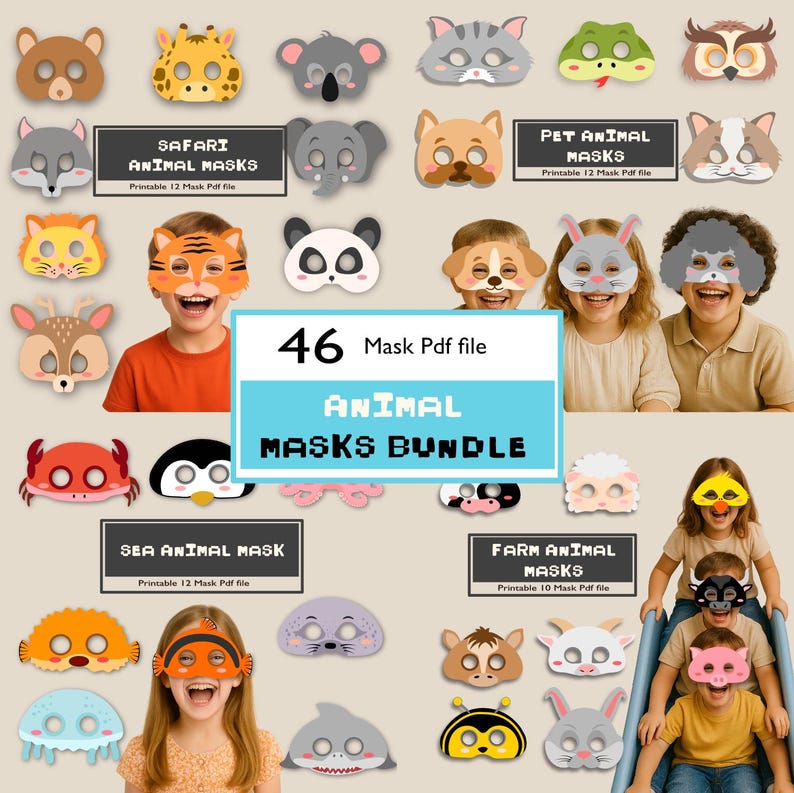 Animal Mask Reference Printable Animal Masks Bundle – 46 Kids Masks, PDF - Etsy