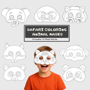 Safari Tiermasken zum Ausmalen - 12 Schwarz-Weiß-Tiermasken PDF-Vorlagen, DIY Zoo Craft Aktivität