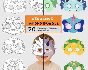 Dinosaur Mask Bundle – 20 Printable PDF | Coloring & Colored Dinosaur  Masks for Kids