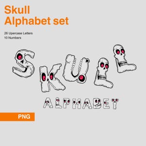 Horror Skull Font PNG – Printable Alphabet & Numbers for Halloween, Party Decor, Scary Design Craft