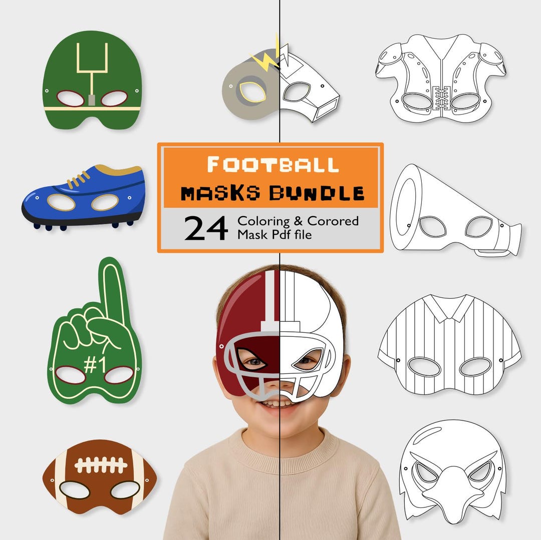 Maskas Football Football Masks Bundle – 24 Printable Coloring & Colored Mask PDF - Etsy