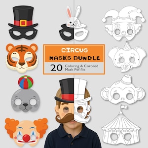 Può includere: Una collezione di maschere a tema circo, tra cui una tigre, un clown e una foca, insieme a un bambino con una maschera a metà colorata. L'immagine presenta un cartello con la scritta "CIRCUS MASKS BUNDLE" con il numero "20" e il testo "Coloring & Colored Mask Pdf file."