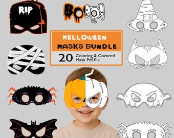 May include: A selection of Halloween masks, such as a tombstone, mummy, witch's hat, cat, spider, and bat. The image includes the text "Halloween Masks Bundle" and "20 Coloring & Colored Mask Pdf file". A child is wearing a pumpkin mask.