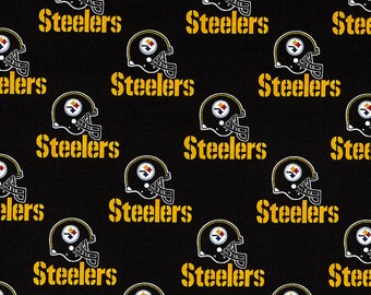 May include: Black fabric with a repeating pattern of yellow "Steelers" text and a black and white football helmet graphic.