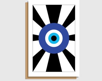Biglietto d'auguri con occhio contro il male, biglietto astratto moderno, biglietto con simbolo di protezione, biglietto d'arte minimalista, biglietto illustrato originale