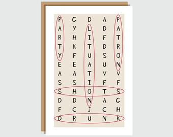 Funny Party Greeting Card | Birthday Card for Friends | Word Search Card | Blank Card