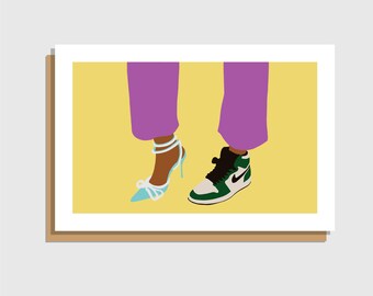 Biglietto d'auguri illustrato con sneakers e tacchi, articoli di cancelleria per amanti della moda, biglietto di auguri per donne eleganti