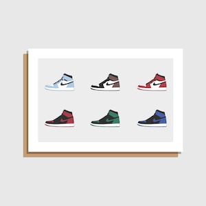 May include: A rectangular print featuring a grid of six high-top sneakers in various colorways, including light blue, brown, red, black and red, green, and blue, all with white midsoles and black Nike swoosh logos on a light gray background.