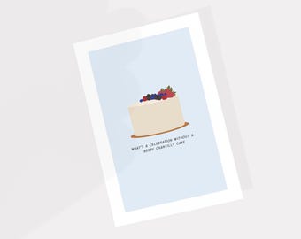 Torta Chantilly ai frutti di bosco, biglietto d'auguri, biglietto d'auguri illustrato divertente