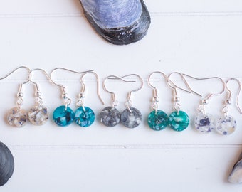 The shell collection - 925 sterling silver mini disk resin dangle earrings with crushed mussel shells - various colour options available!