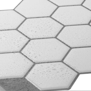 3D peel-and-stick hexagon tile sheet for kitchen backsplash; white/gray glossy tiles with self-adhesive backing