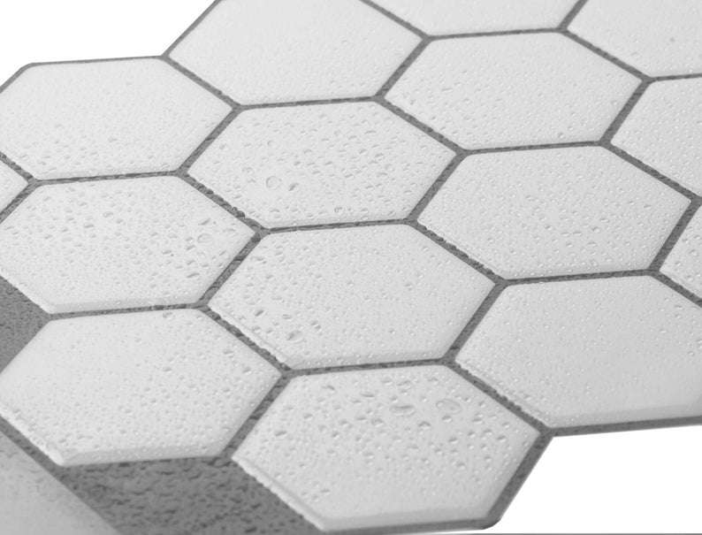 3D peel-and-stick hexagon tile sheet for kitchen backsplash; white/gray glossy tiles with self-adhesive backing