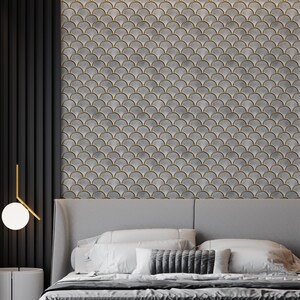 White 3D peel-and-stick tile with gold-edged scallop pattern, perfect kitchen backsplash and wall decor.